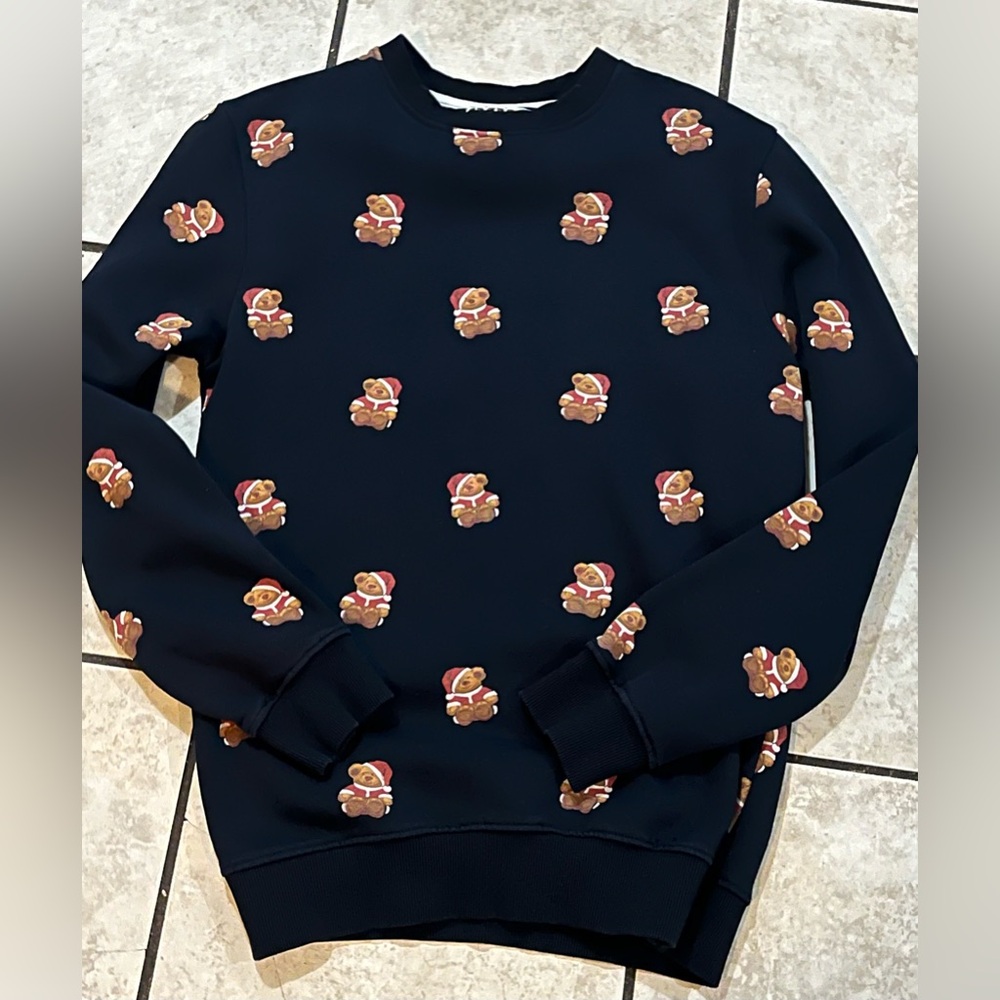 Santa Teddy Bear Christmas Crewneck Sweatshirt Denim & Flower Mens Sz Small